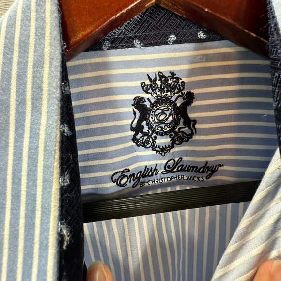 English Laundry Shirt Mens 16 Blue Stripe Cotton Long Sleeve Button Up Contrast - Picture 5 of 12